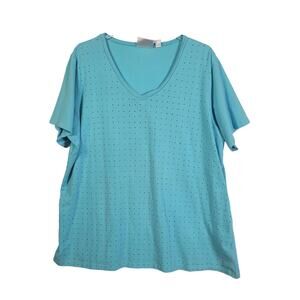 Quacker Factory Size 2X Blue V Neck T Shirt With Rhinestones